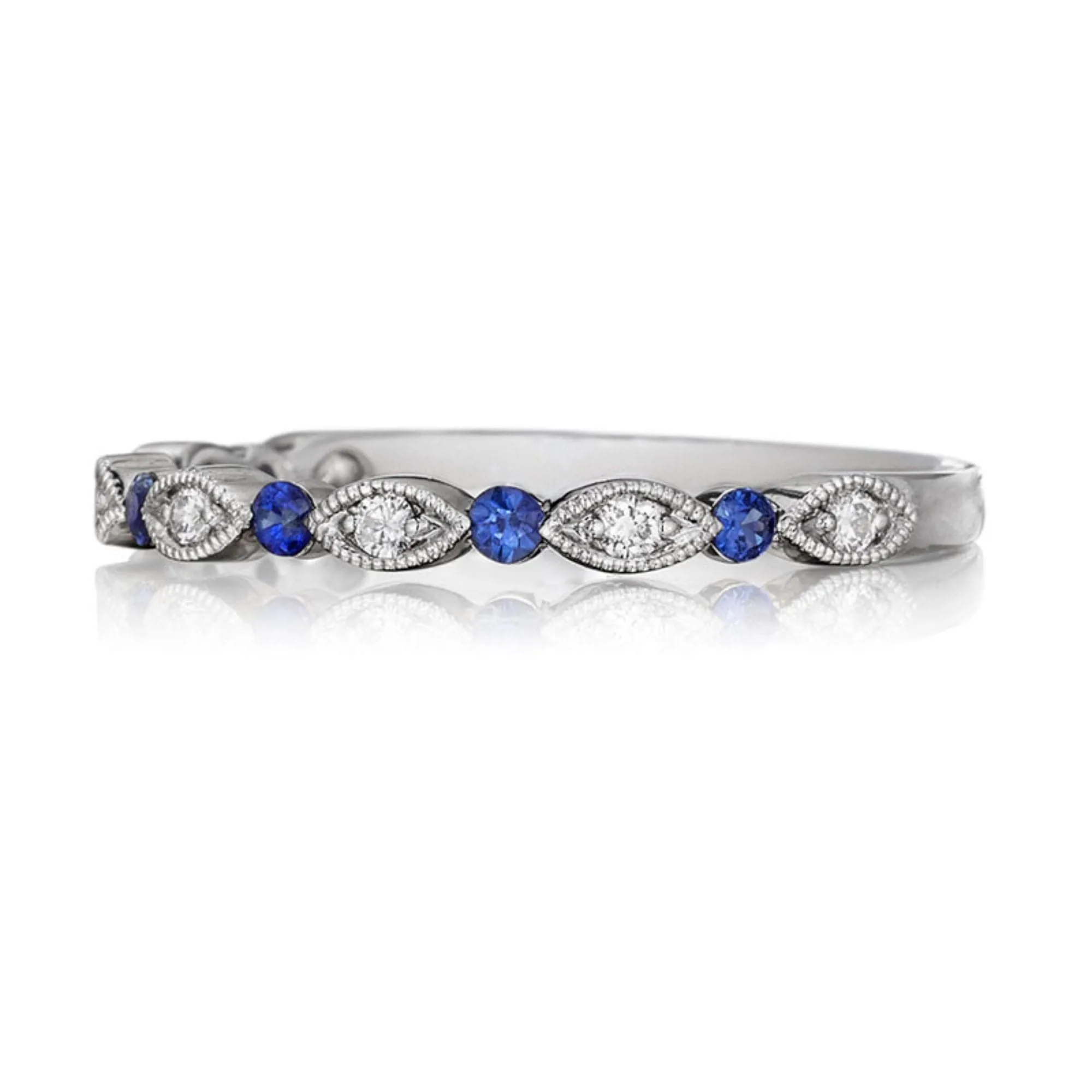 14K WHITE GOLD MILGRAIN STATION DIAMOND AND SAPPHIRE WEDDING BAND 0.08CTW