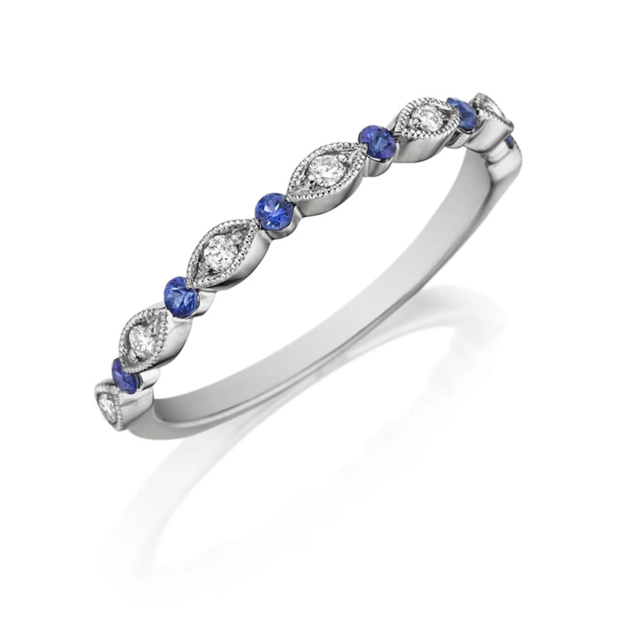 14K WHITE GOLD MILGRAIN STATION DIAMOND AND SAPPHIRE WEDDING BAND 0.08CTW