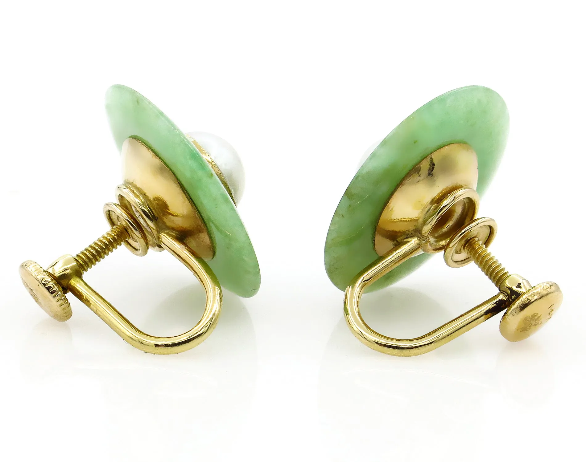 1930 Antique Vintage Jade and Pearl 14k Yellow Gold Stud Earrings Screw on Clip