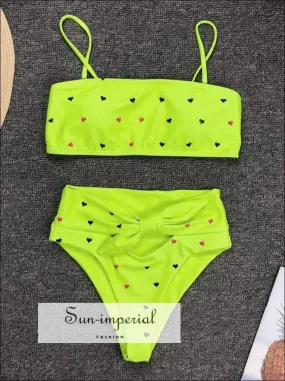 2 Piece Swimsuit Bandeau Bikini High Waisted - Neon Yellow with Hearts Print