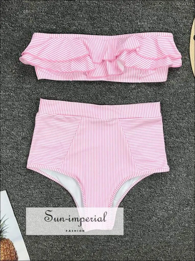 2 Piece Swimsuit Heart Print Bikini High Waisted Tie front bottom -pink