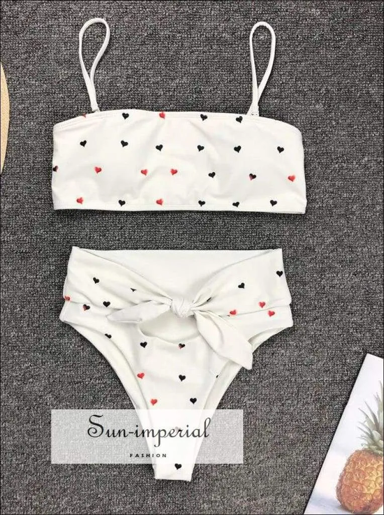 2 Piece Swimsuit Heart Print Bikini High Waisted Tie front bottom -pink