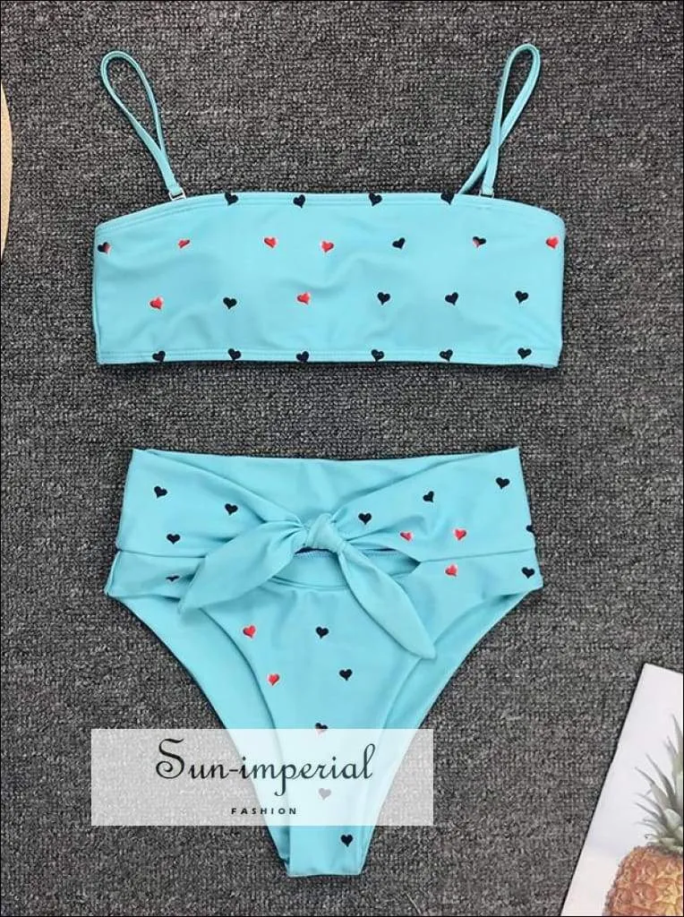 2 Piece Swimsuit Heart Print Bikini High Waisted Tie front bottom -pink