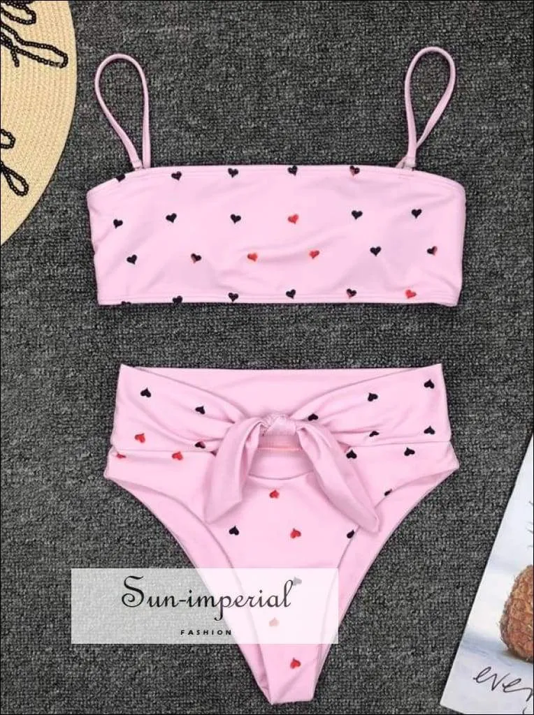 2 Piece Swimsuit Heart Print Bikini High Waisted Tie front bottom -pink