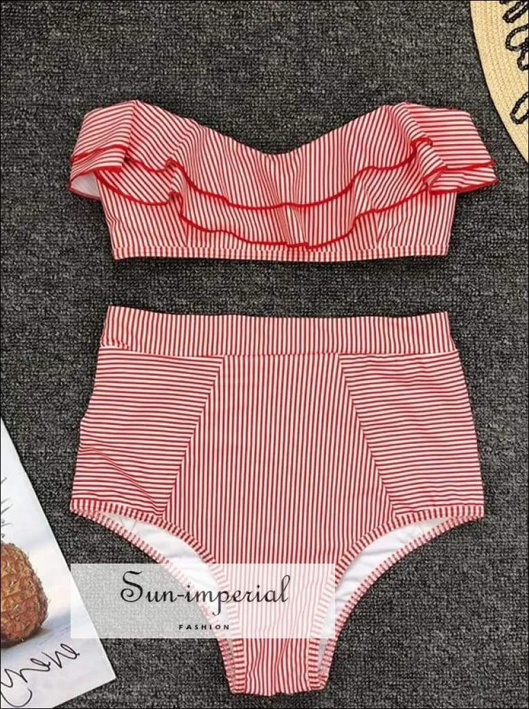 2 Piece Swimsuit Heart Print Bikini High Waisted Tie front bottom -pink