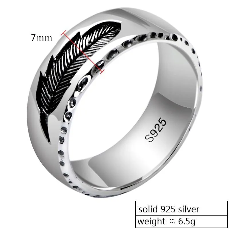 925 Silver Thai Punk Vintage Jewelry Rock Feather Ring for Men Women