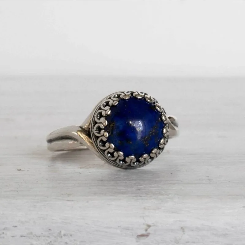 925 Sterling Silver Round Blue Lapis Lazuli 10mm Ring