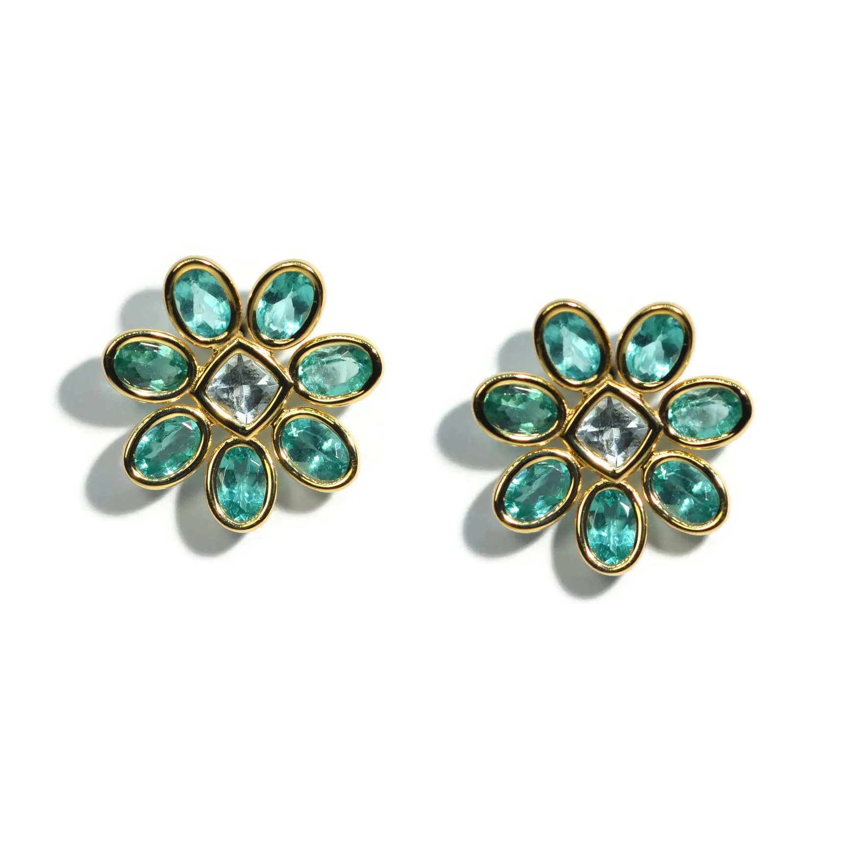 A & Furst - Fiori - Button Earrings with Paraiba Color Apatite and Aquamarine, 18k Yellow Gold