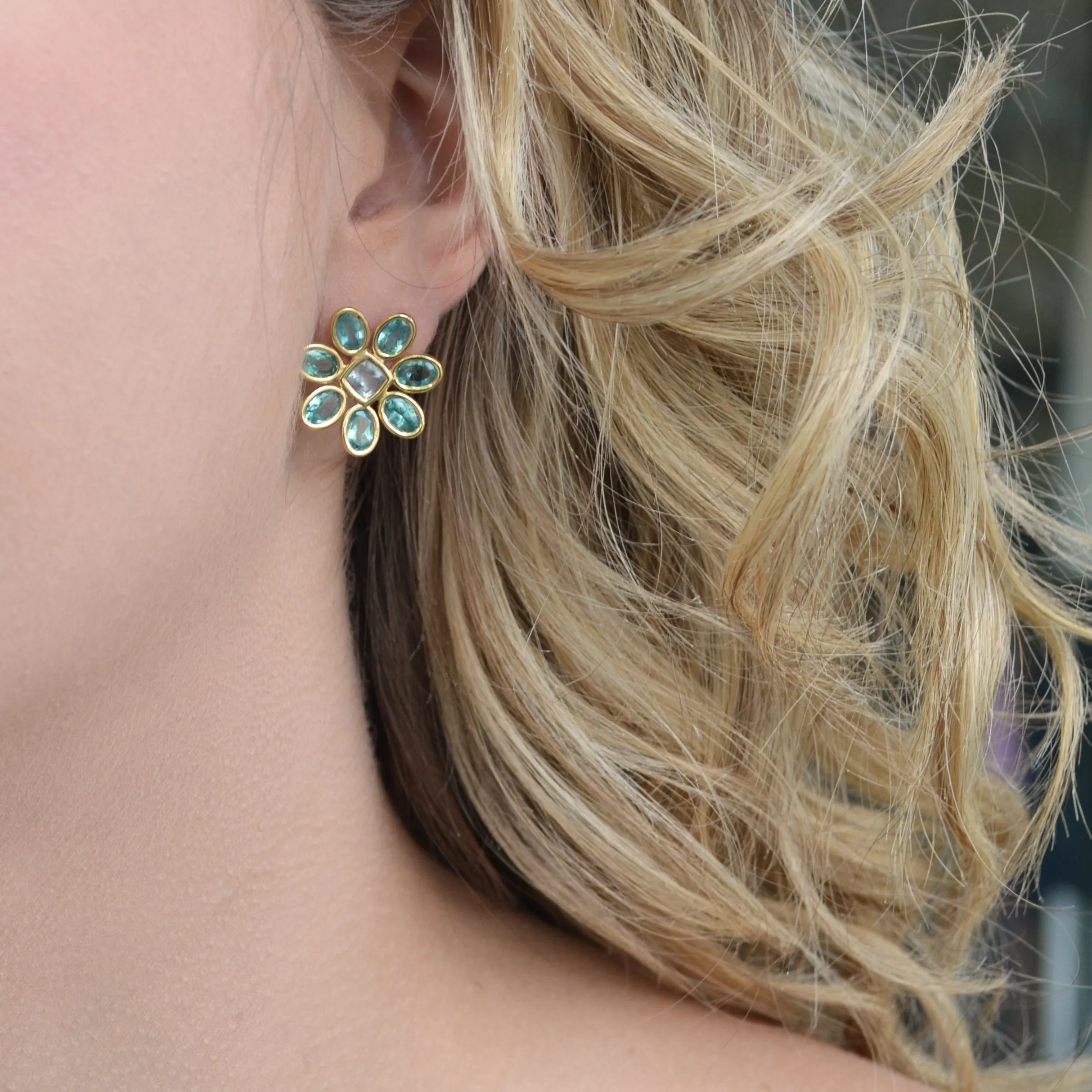 A & Furst - Fiori - Button Earrings with Paraiba Color Apatite and Aquamarine, 18k Yellow Gold