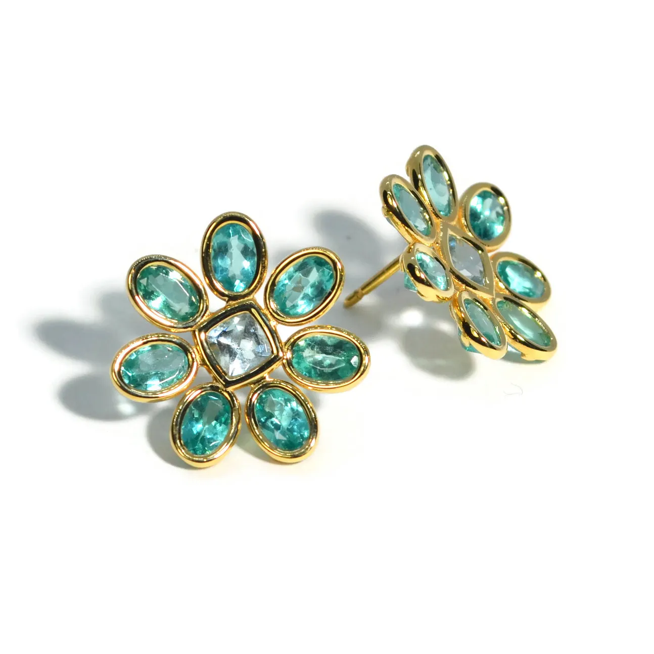 A & Furst - Fiori - Button Earrings with Paraiba Color Apatite and Aquamarine, 18k Yellow Gold