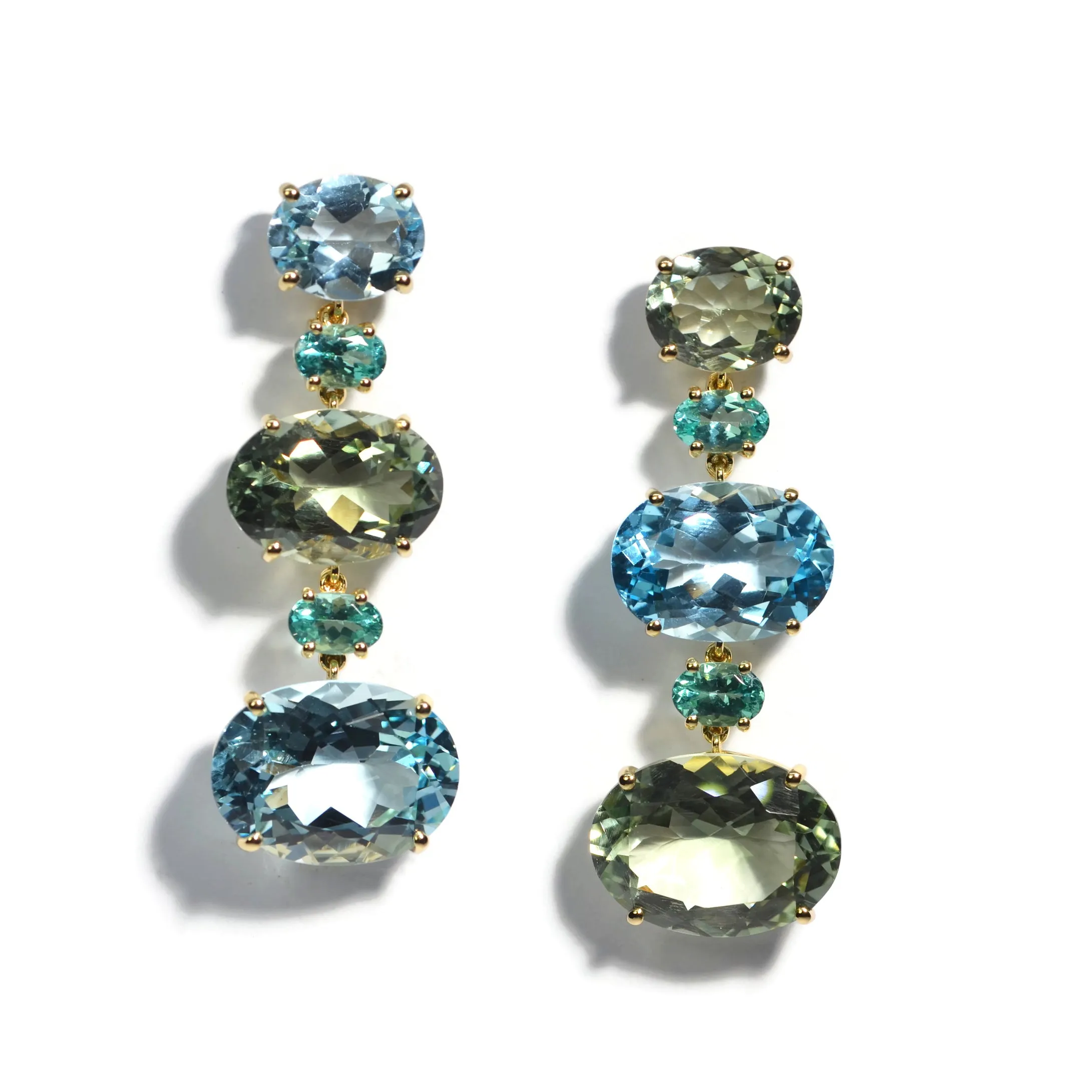 A & Furst - Sole - Mismatched Drop Earrings with Sky Blue Topaz, Prasiolite and Apatite, 18k Yellow Gold