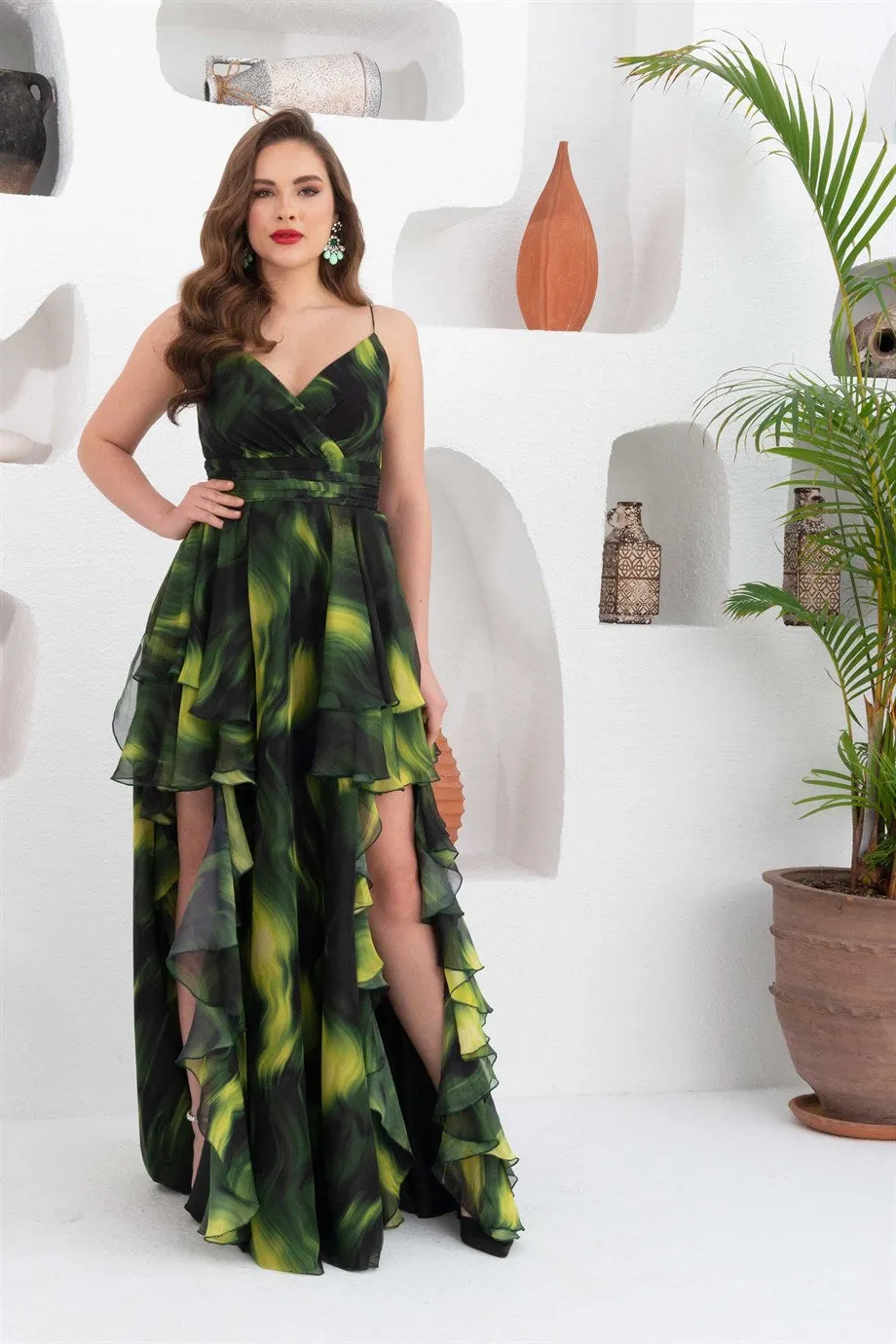 Angelino Green Printed Long Evening Dress with Low-cut Legs