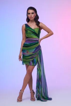 Angelino Green Printed One Sleeve Tailed Short Evening Dress