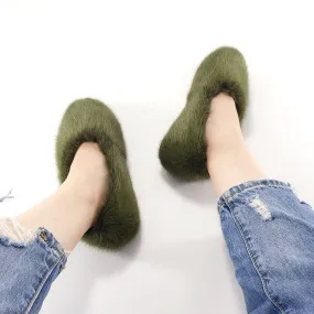 Army Green Women Designer Fur House Slippers Autumn Winter Warm Shoes Fashion Indoor Flat Mink Fur