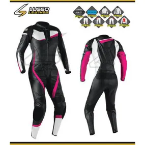 Aviana's black, purple and white motorcycle leather suit