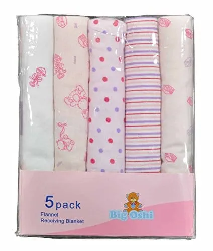 BABY TIME  Big Oshi Flannel Receiving Blanket 5pk: blanket is soft cotton flannel, Size: 30" x 30" - PLK-965