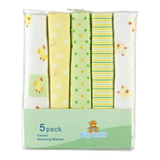 BABY TIME  Big Oshi Flannel Receiving Blanket 5pk: blanket is soft cotton flannel, Size: 30" x 30" - PLK-965