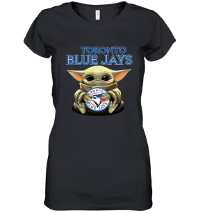 Baby Yoda Hugs Loves The Toronto Blue Jays Baseball Womens V-Neck T-Shirt