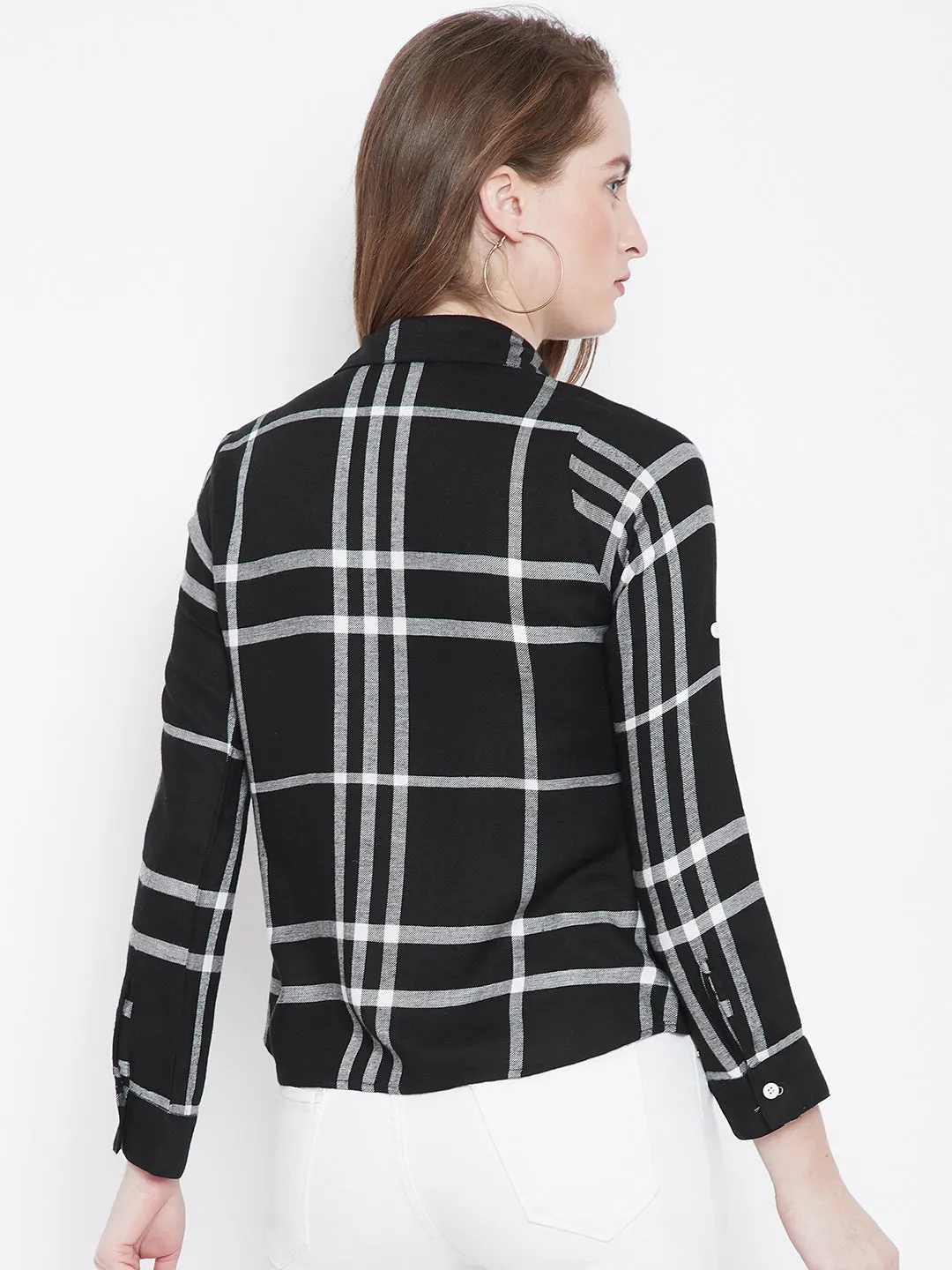 Berrylush Women Black & White Check Patterned Collar-Neck Shirt Style Top