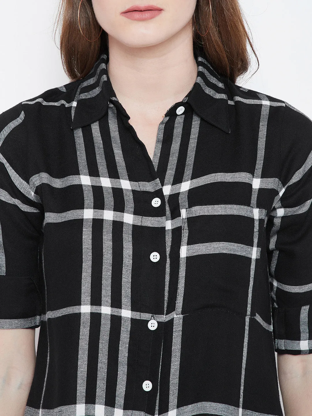 Berrylush Women Black & White Check Patterned Collar-Neck Shirt Style Top