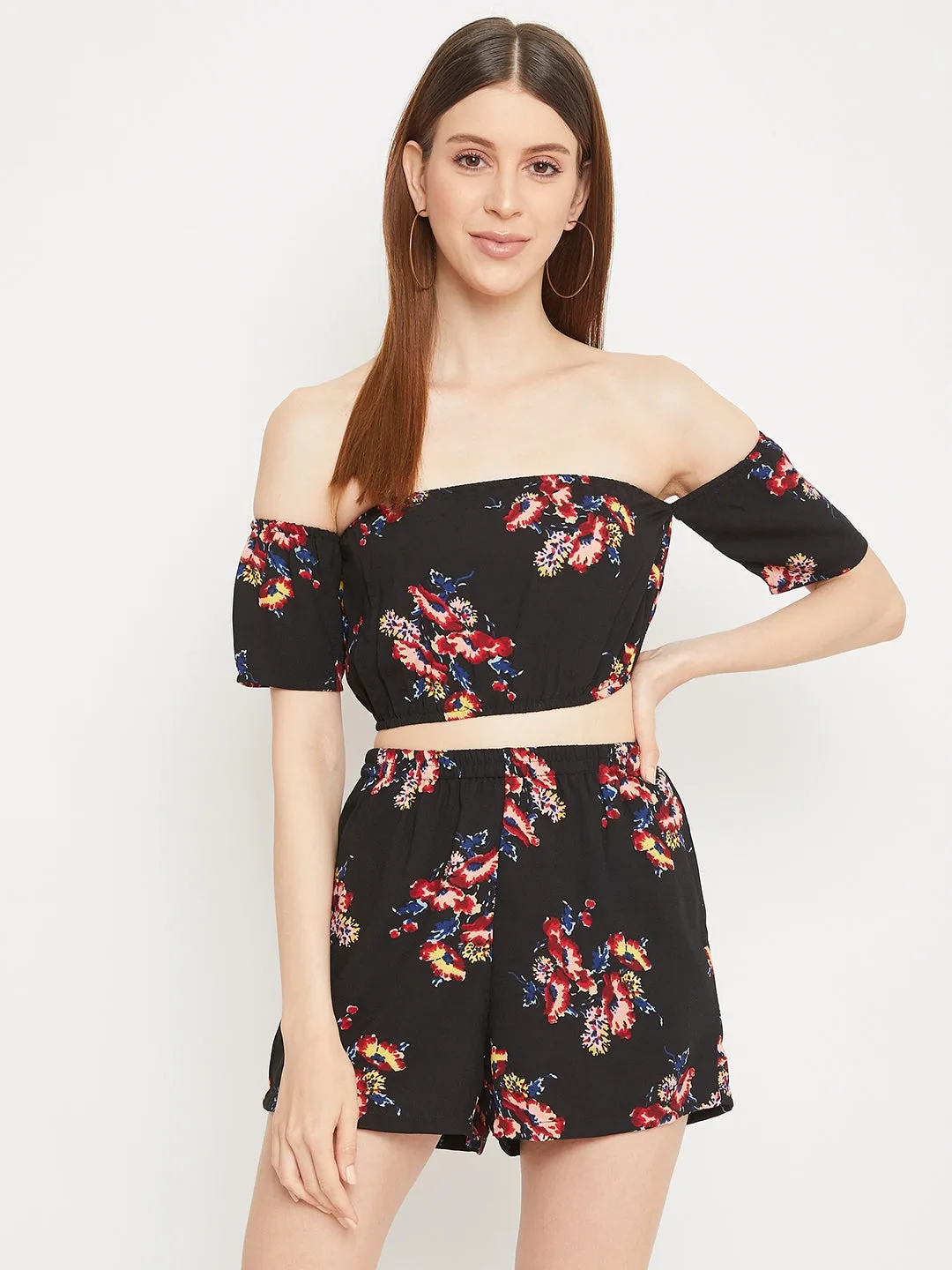 Berrylush Women Black Floral Printed Off-the-Shoulder Crop Top & Shorts Jumpsuit