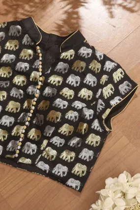 Black Banarasi Silk Potli Botton Padded Sona Roopa Elephant Design Blouse