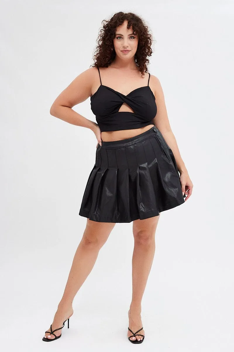 Black Crop Top Twist Front Jersey Shoestring Strap