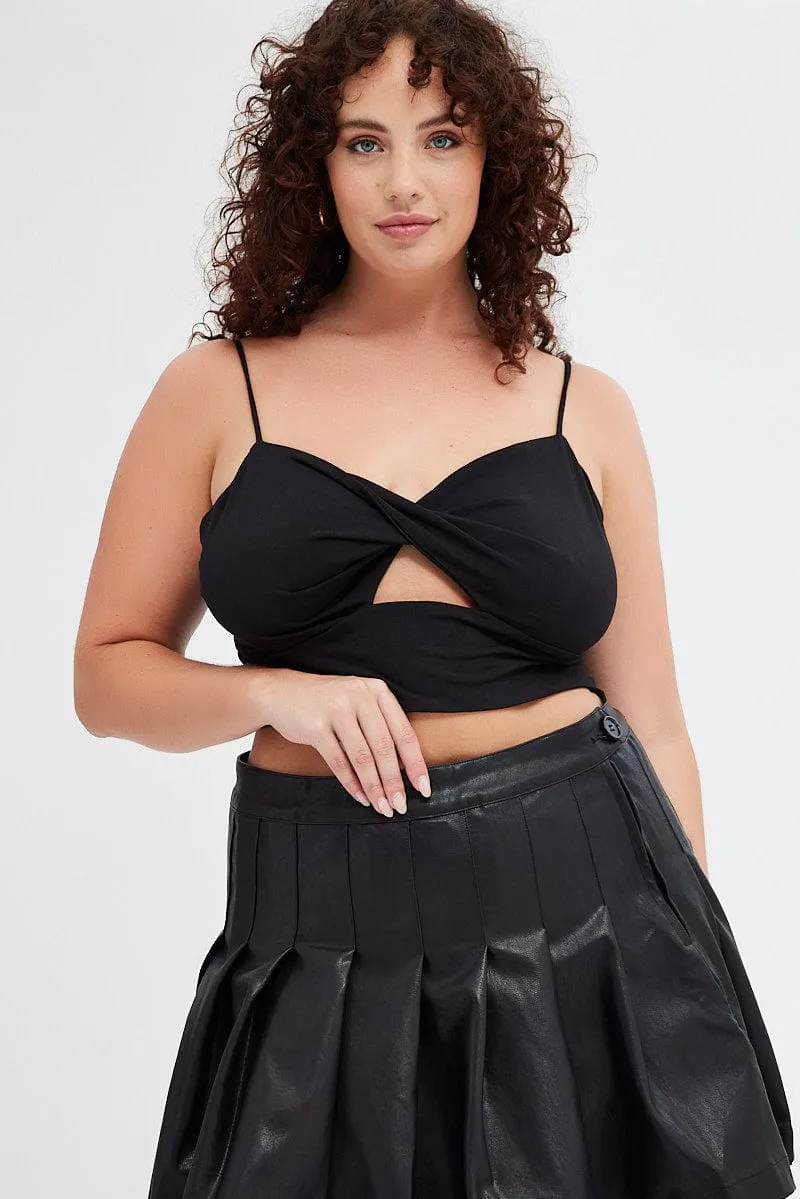 Black Crop Top Twist Front Jersey Shoestring Strap