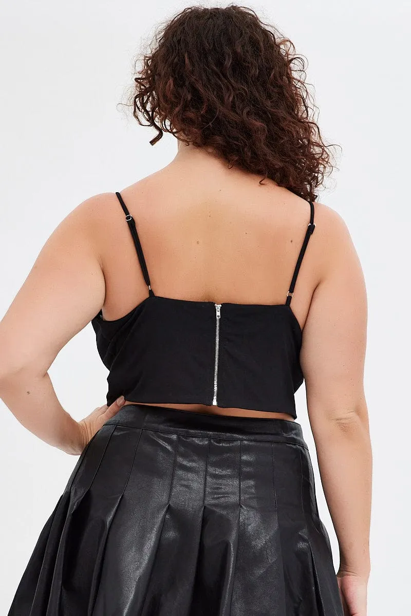 Black Crop Top Twist Front Jersey Shoestring Strap