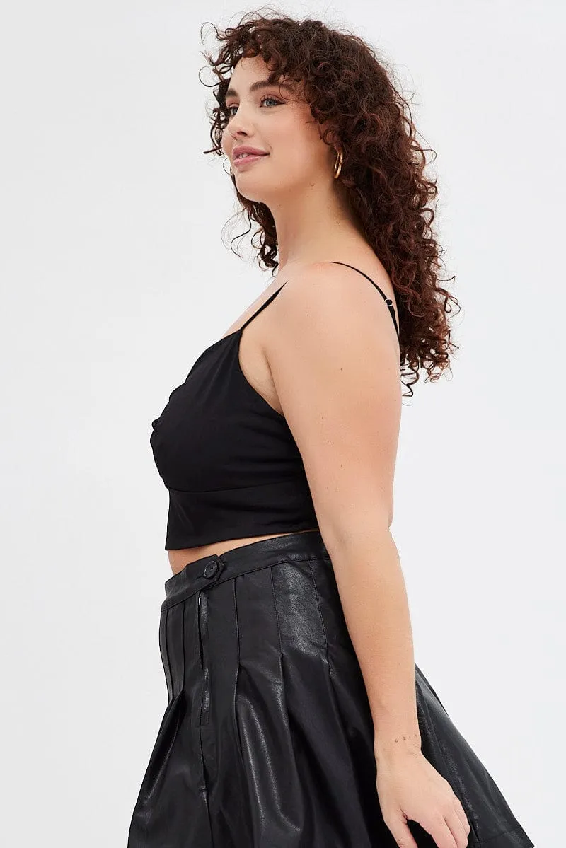 Black Crop Top Twist Front Jersey Shoestring Strap