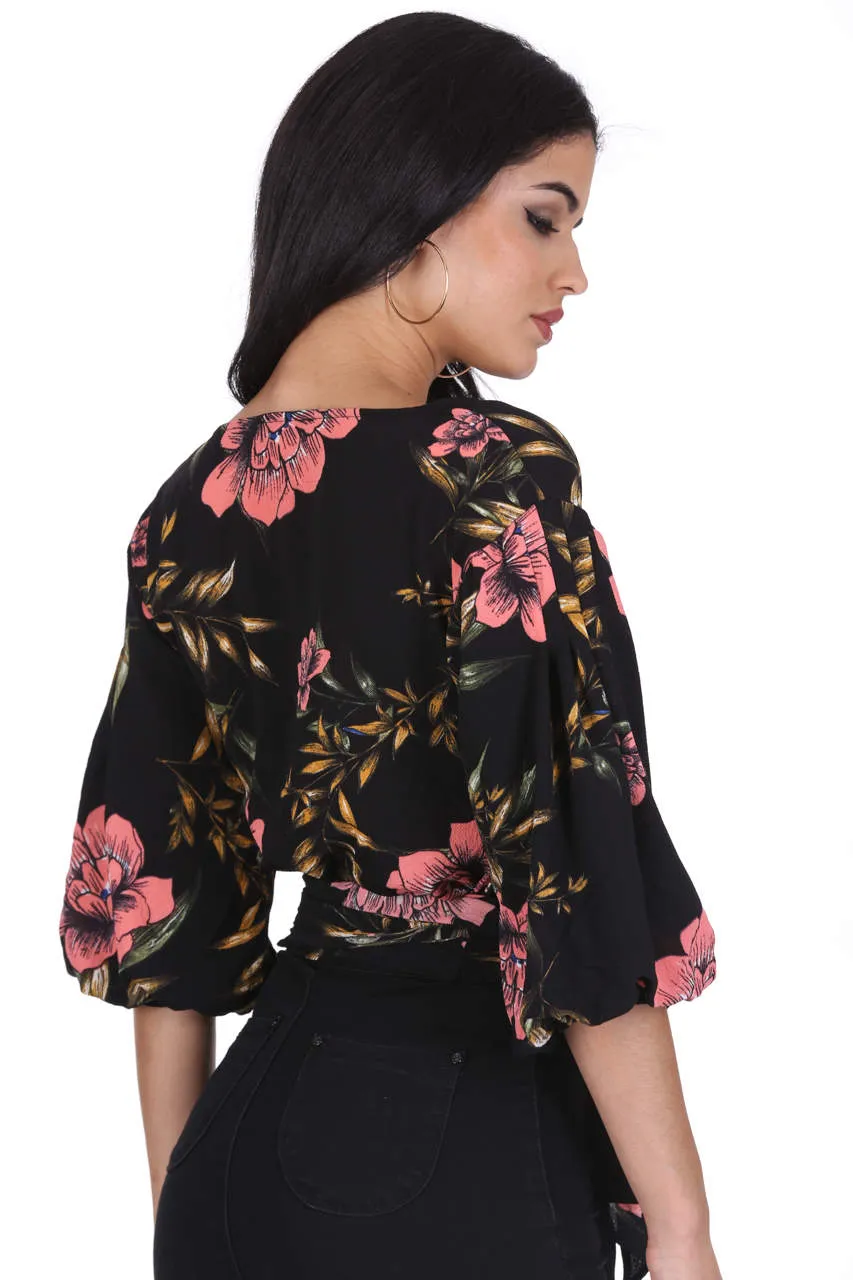 Black Floral Wrap Top