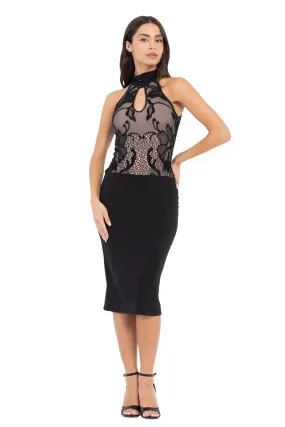 Black Front Key-Hole Bodycon Dress With Lace And Back Ruffles