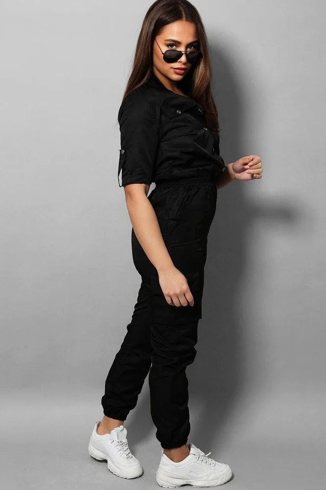 Black Parachute Fabric Utility Boiler Jumpsuit