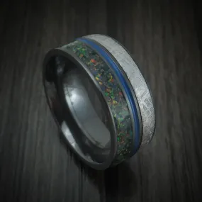 Black Titanium Gibeon Meteorite and Opal Men's Ring with Cerakote Custom Made Band