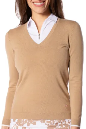 Camel/White Stretch V-Neck Sweater