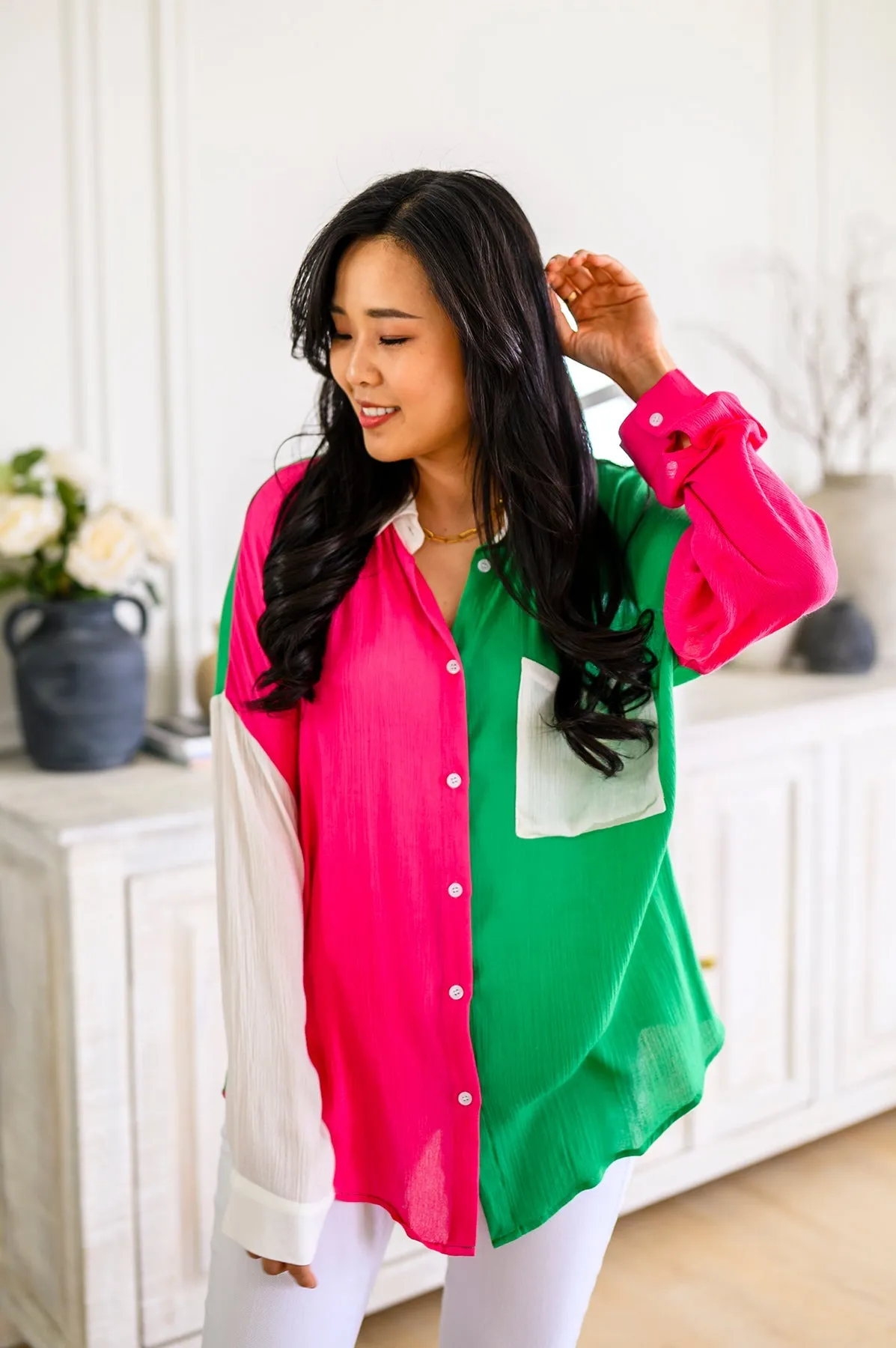 Capture the Day Two Toned Button Up Kelly