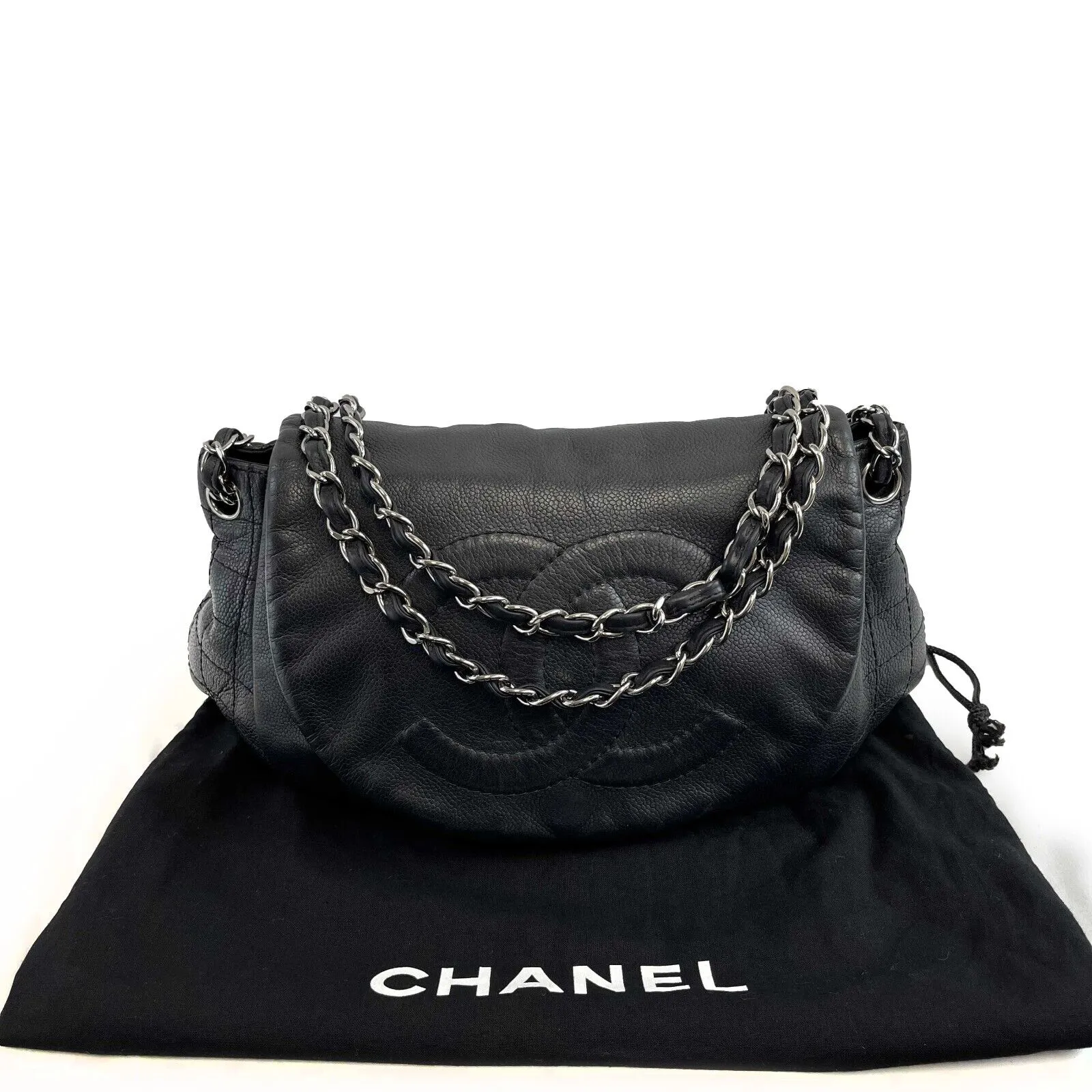 Chanel Timeless Half Moon Medium Flap Bag Caviar Black Shoulder Handbag