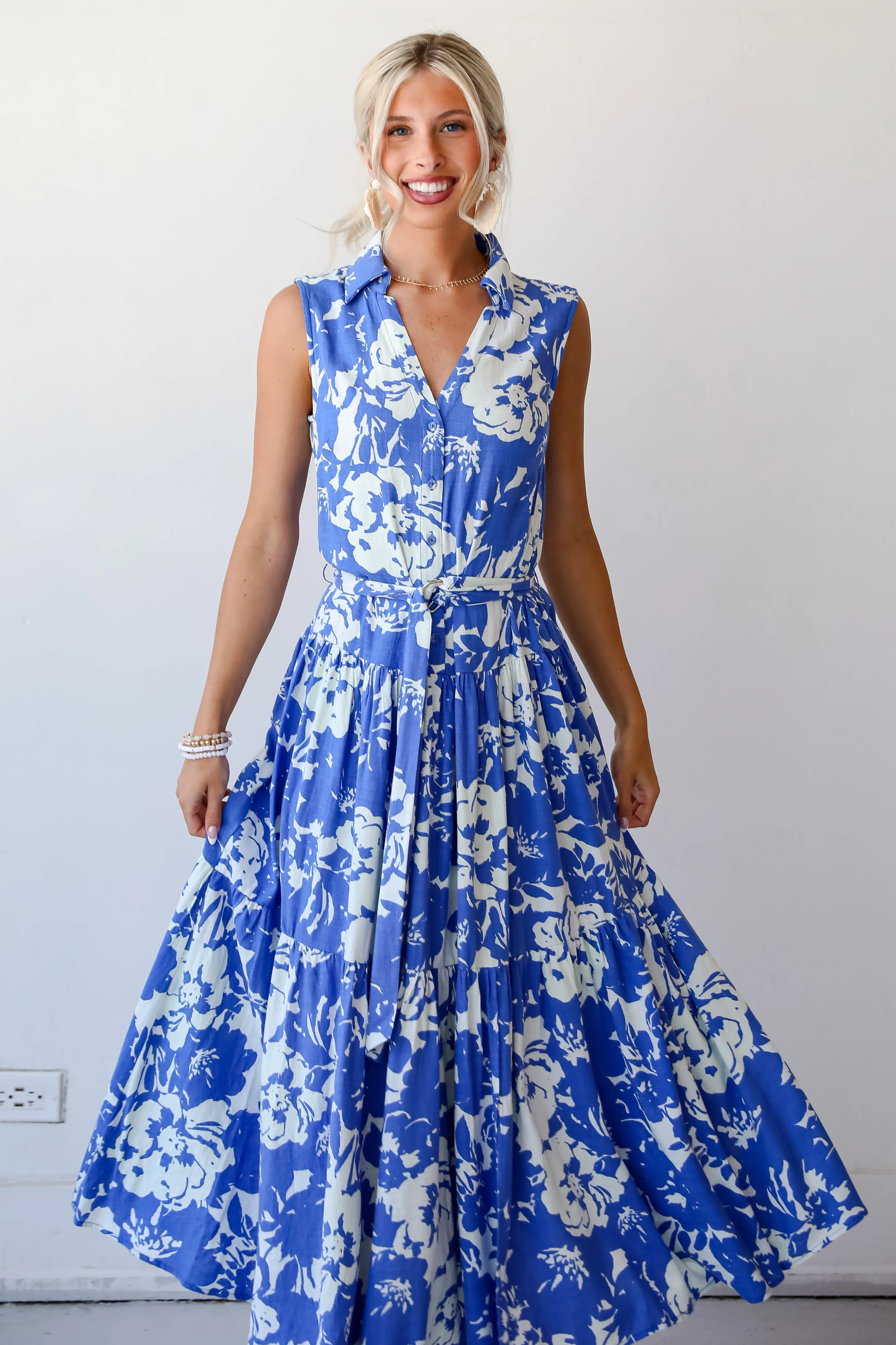 Charming Pose Royal Blue Floral Linen Maxi Dress