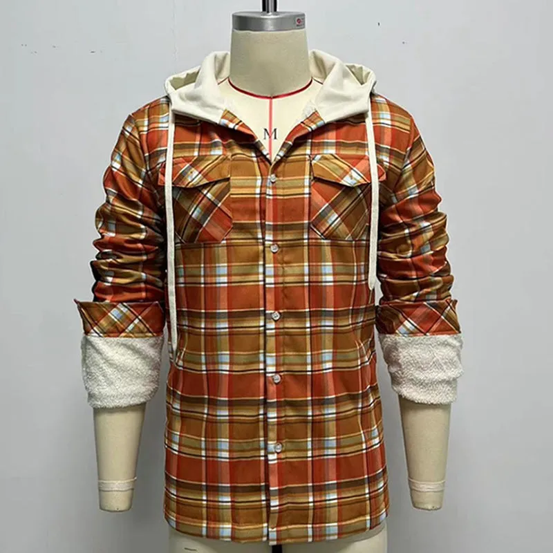 Classic Plaid Design Hoodied Long Sleeved Loose Men Shirt Coat