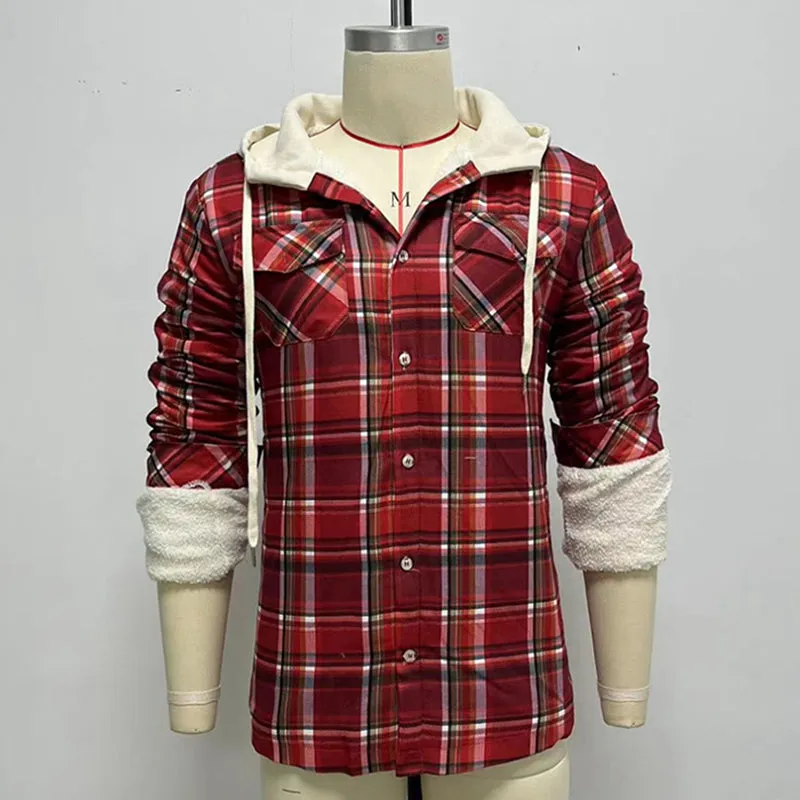 Classic Plaid Design Hoodied Long Sleeved Loose Men Shirt Coat