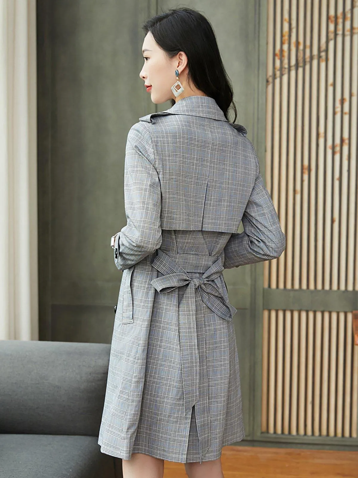 Custom Check Pattern Epaulet Belted Trench Coat