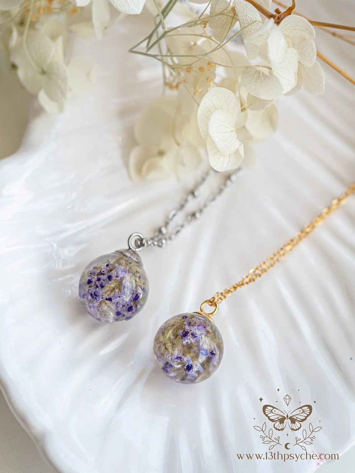 Dried purple flowers orb pendant necklace