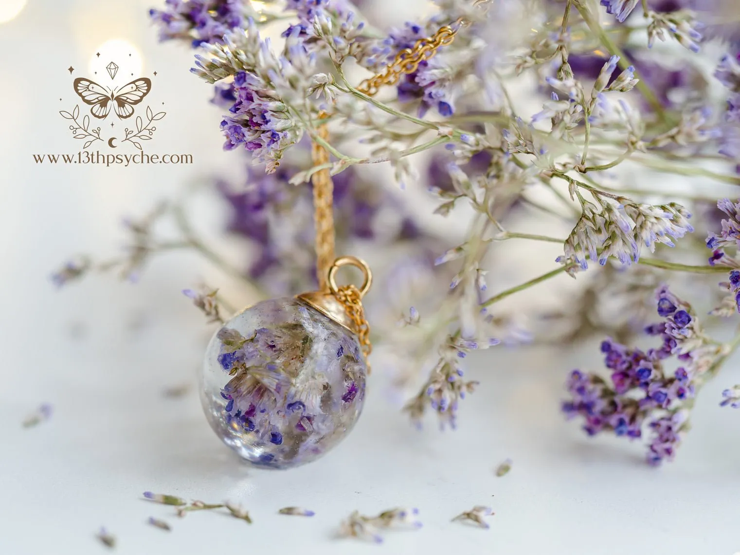 Dried purple flowers orb pendant necklace