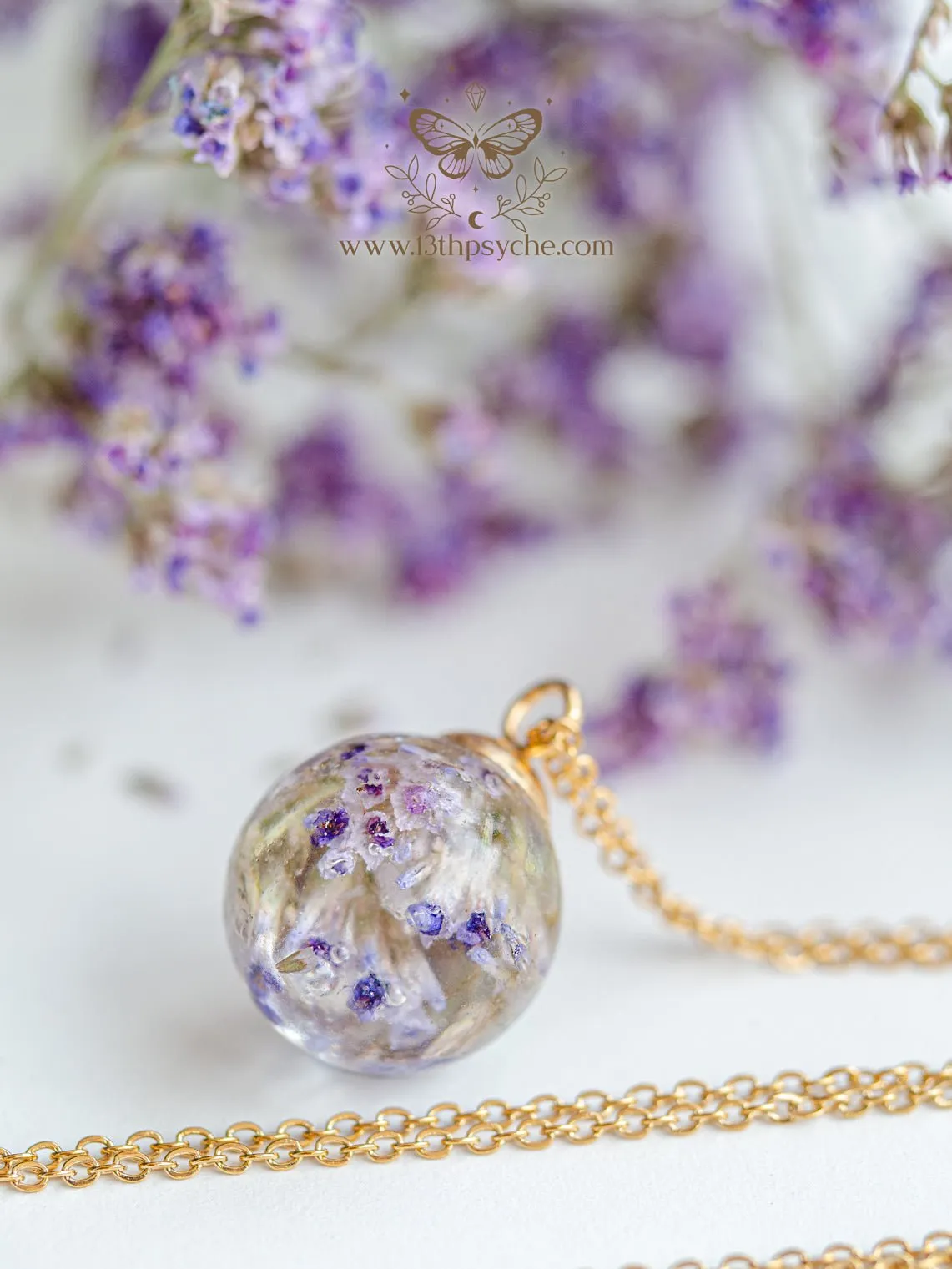 Dried purple flowers orb pendant necklace