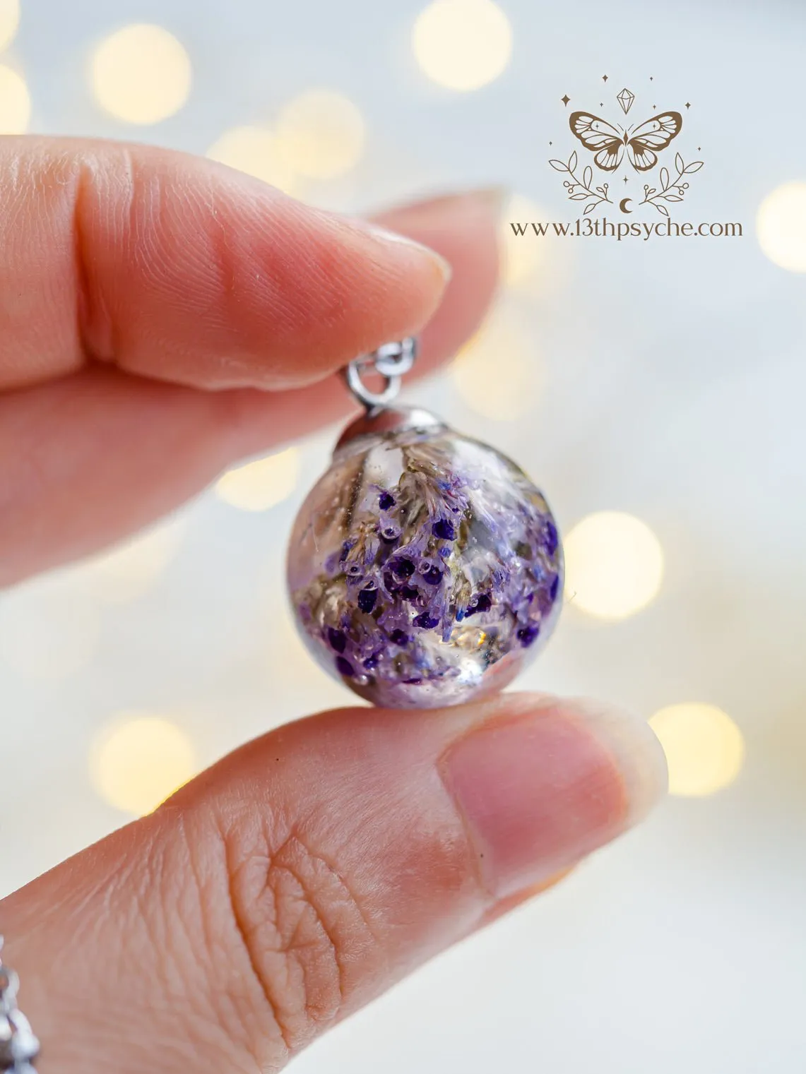 Dried purple flowers orb pendant necklace