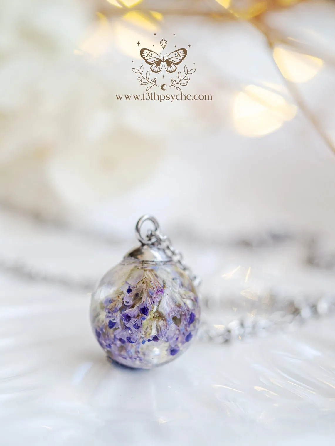 Dried purple flowers orb pendant necklace