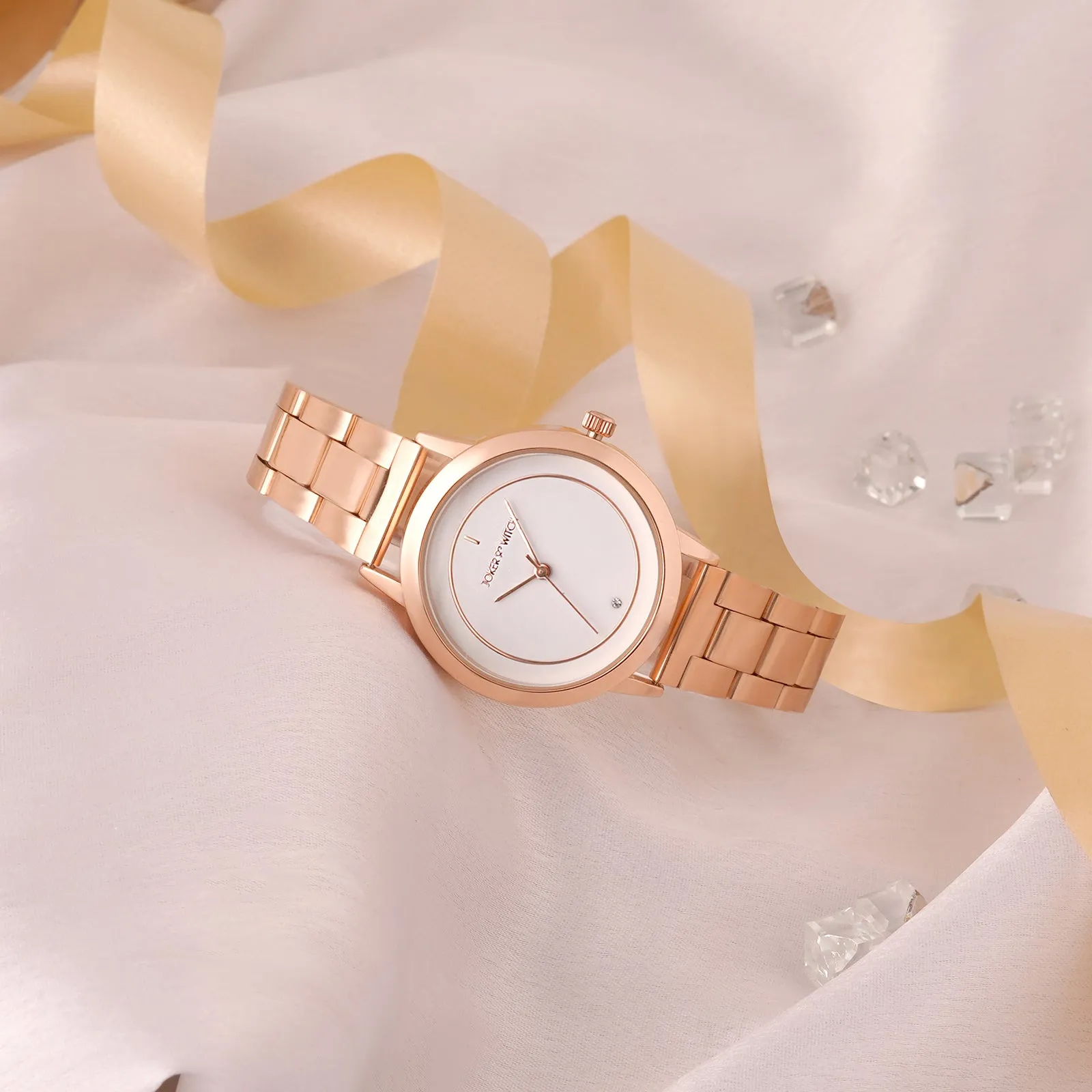 Eclipse White Dial Rosegold Metallic Strap Watch