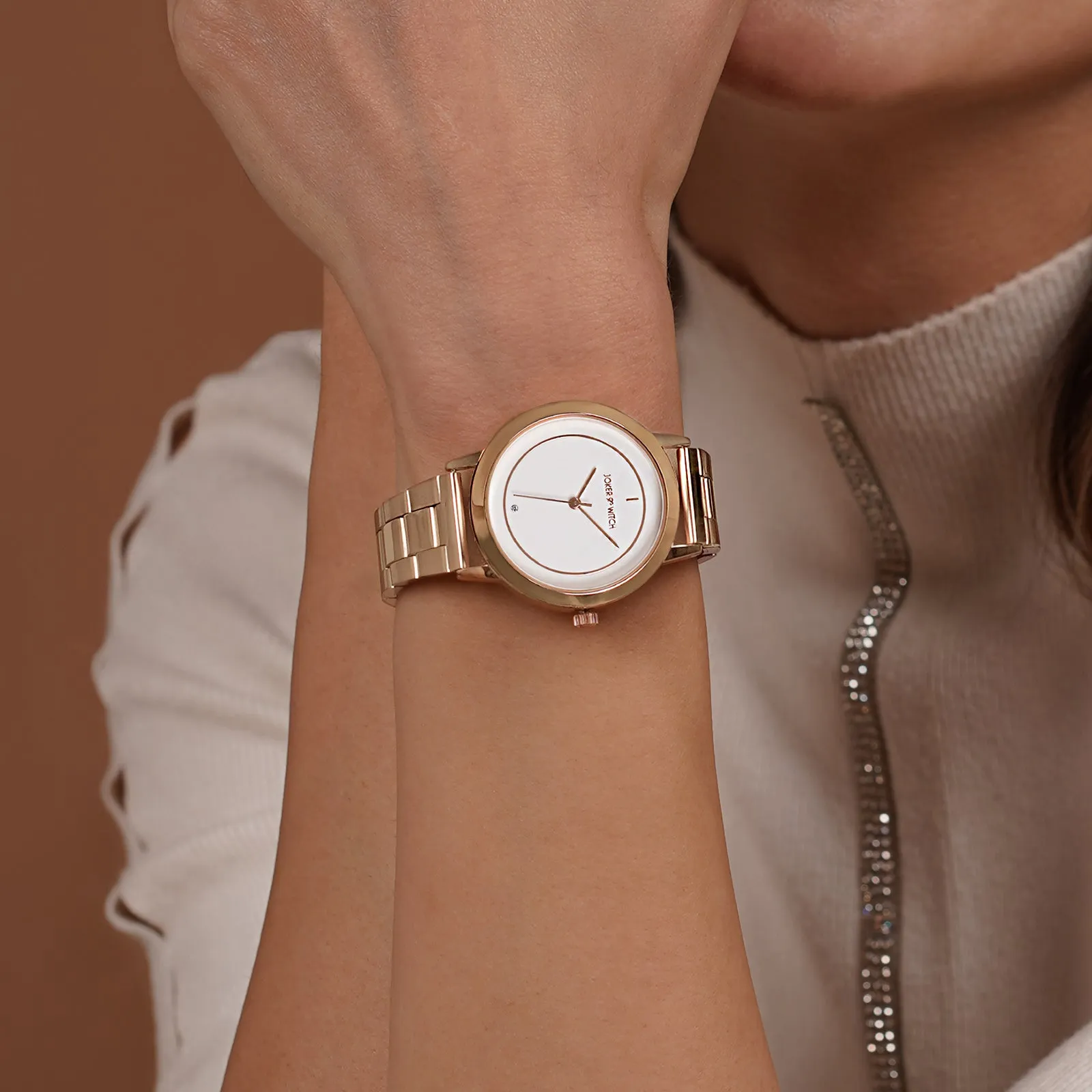 Eclipse White Dial Rosegold Metallic Strap Watch