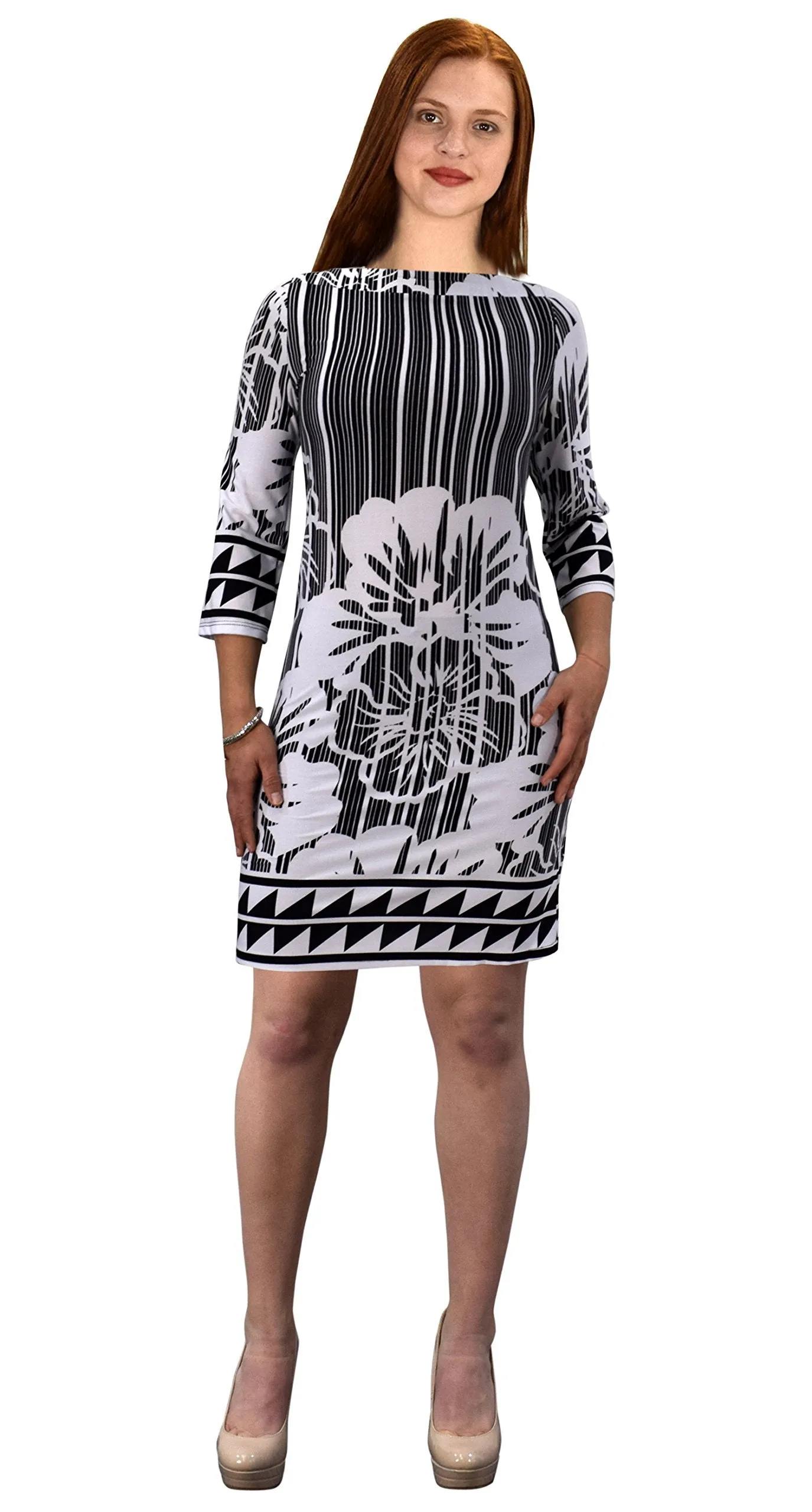 Floral Placement Border Three Quarter Sleeve Shift Dress-Missy