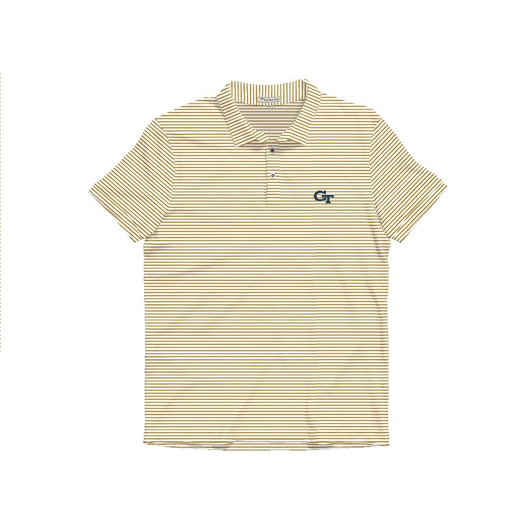 Georgia Tech Old Gold & White Heathered Azalea Stripe Performance Polo